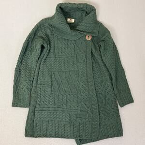 Carraig Donn Merino Wool Aran Cardigan Sweater Small Green Made in Ireland